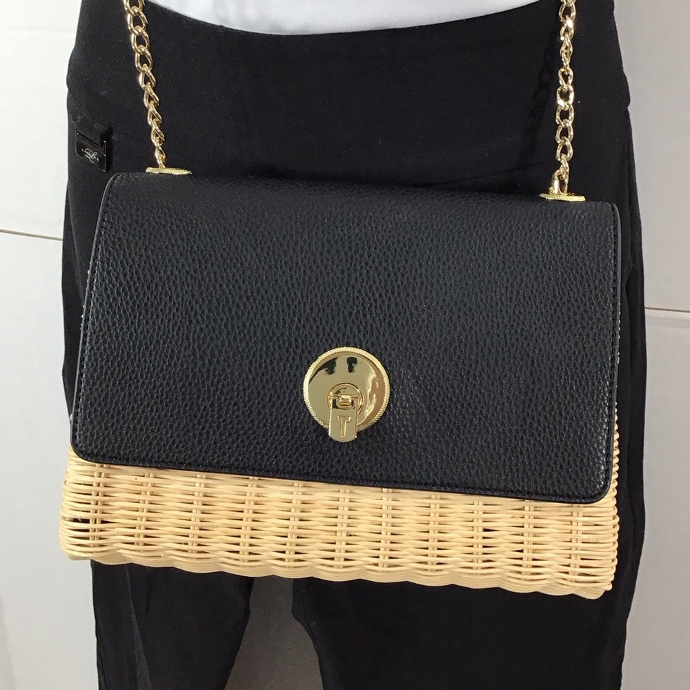 Ted Baker tan and black woven straw rattan crossbody Elava bag NWT